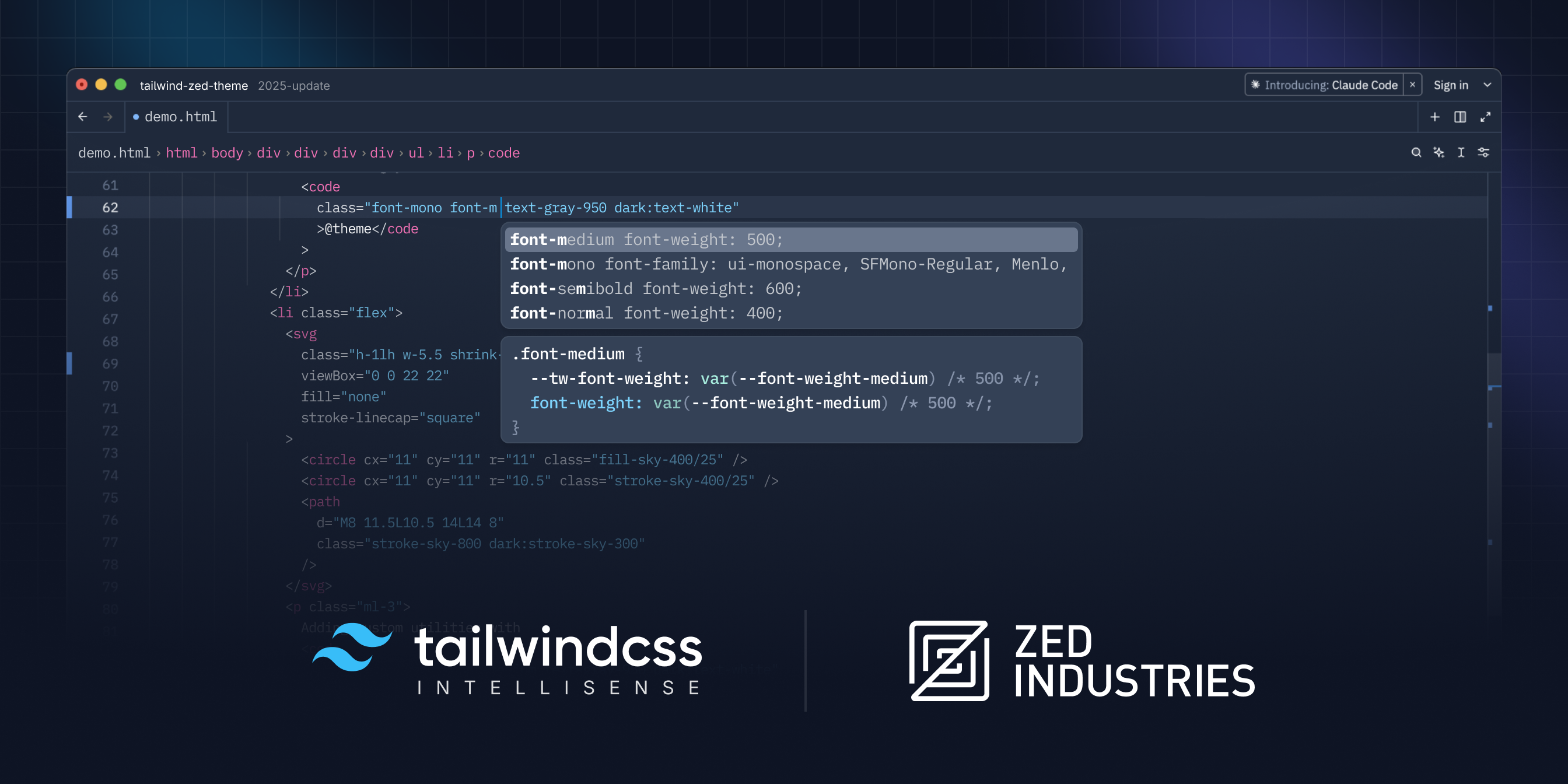 Zed 通过 Tailwind CSS IntelliSense 内置支持 Tailwind CSS